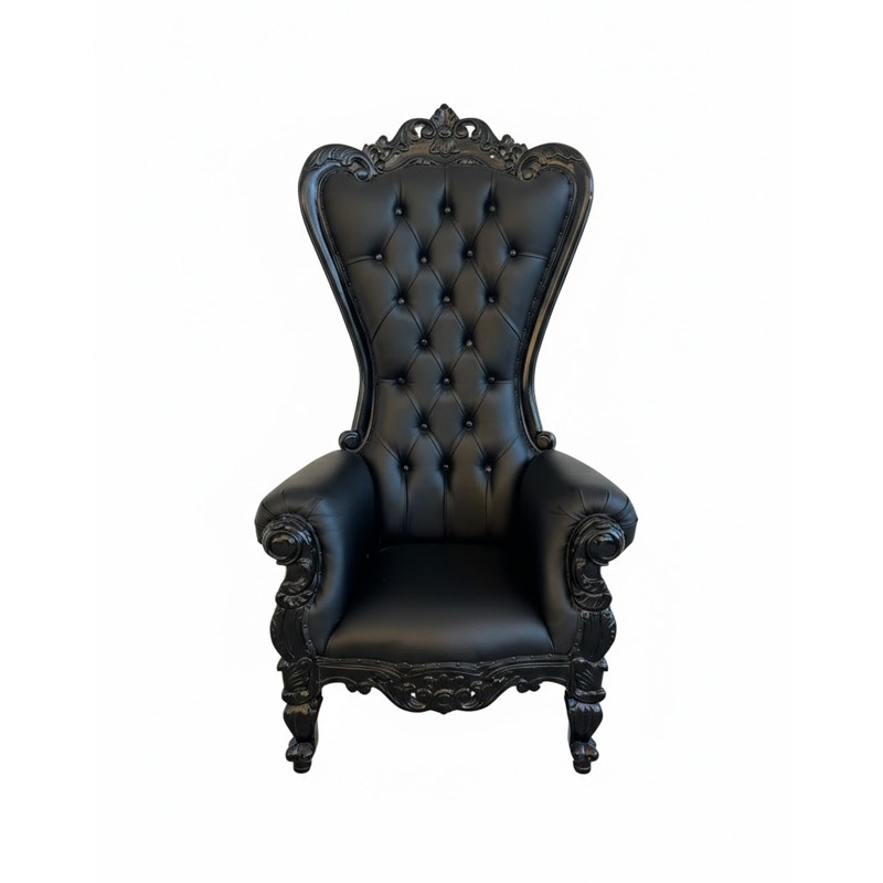 Black Throne Chair Rental, Luxury chair rental, Event furniture Chatsworth, Royal chair rental, Throne chair for parties, Wedding throne chair, Quinceanera chair rental, Special event seating, Party rentals Chatsworth, Regal seating solution, High-back chair rental
